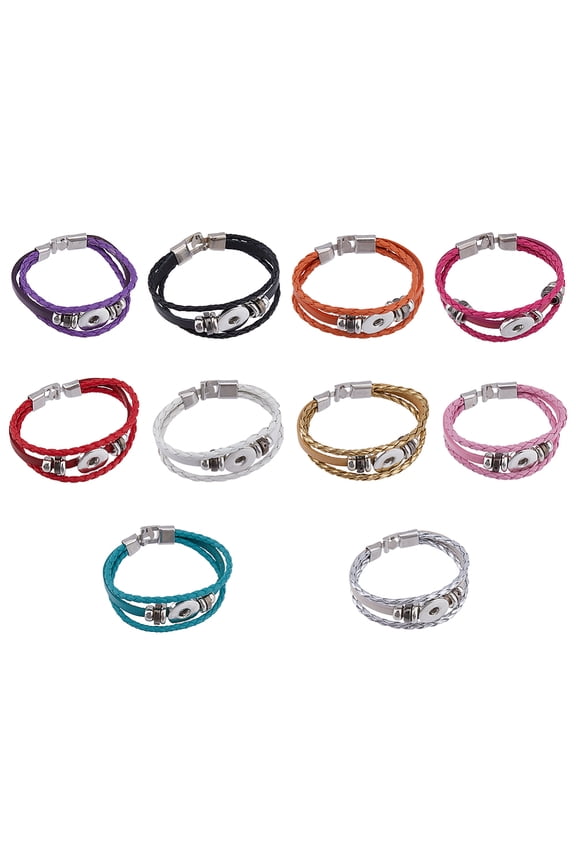 10Pcs 10 Colors Alloy Snap Button Bracelet Bangle Imitation Leather Bracelets with Snap Button Interchangeable PU Braid Snap Button Bracelets