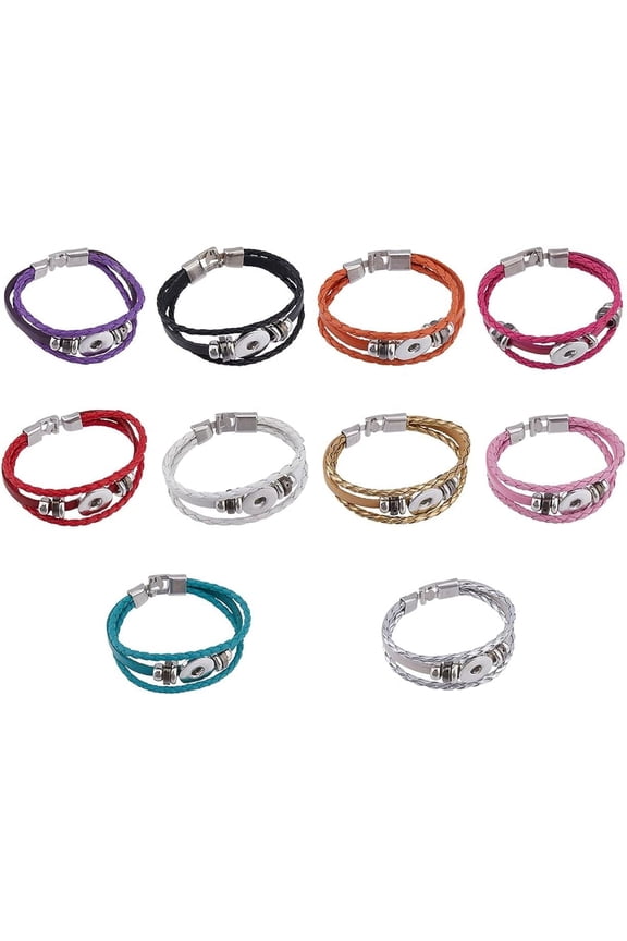 10Pcs 10 Colors Alloy Snap Button Bracelet Bangle Imitation Leather Bracelets with Snap Button Interchangeable PU Braid Snap Button Bracelets for Jewelry Making