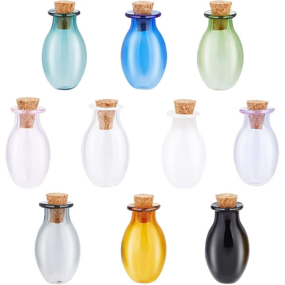 10Pcs 10 Colors Oval Glass Cork Bottles Ornament Glass Empty Wishing Bottles DIY Vials for Pendant Decorations Mixed Color 15.5x28mm 1pc/color