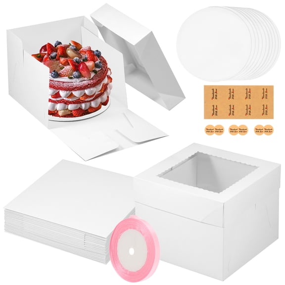 10Pcs 10 Inch Paper White Cake Box Set With Round Board Anti Deformation Clear Window Paper Square Cake Container for Pastries Cookie Chocolate Donut Pie