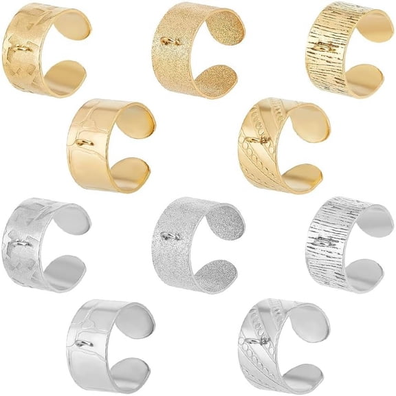 10Pcs 10 Style 304 Stainless Steel Open Cuff Ring Components Loop Ring Base Golden & Stainless Steel Color Hole: 1.8~2mm US Size 7(17.3mm) 1Pc/style
