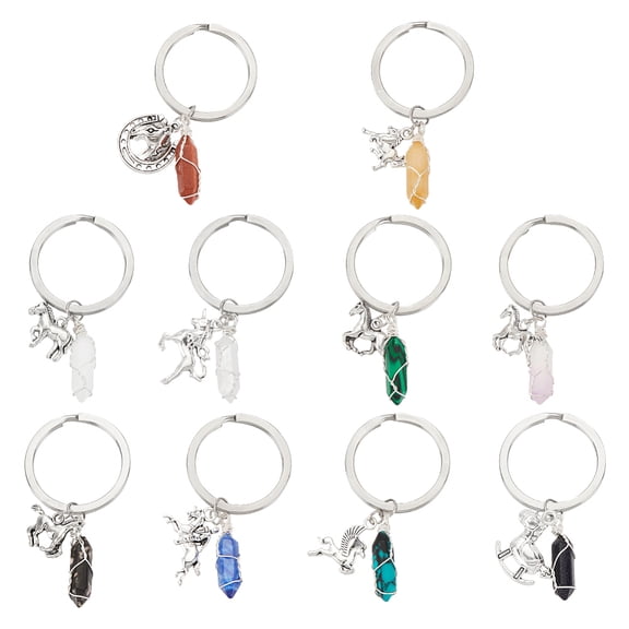 10Pcs 10 Style Gemstone Pendant Keychain with Tibetan Style Alloy Horse Unicorn Pendant and 304 Stainless Steel Split Key Rings 6cm 1pc/style