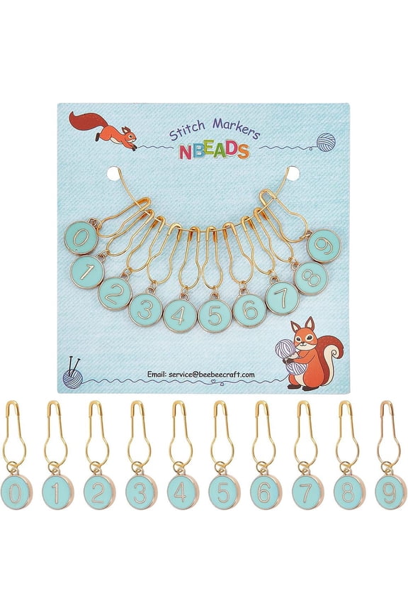 10Pcs 10 Style Iron Calabash Pins with Alloy Enamel Charm Knitting Stitch Marker Flat Round with Number 0~9 Dark Cyan 36mm 1Pc/style DIY