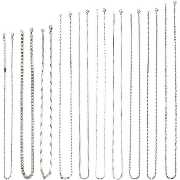 10Pcs 10 Style Stainless Steel Chain Necklace Set Bulk Silver Tone Necklace Chains Cuban Link Chain Rope Chain Snake Chain Box Chain for Women Men Necklace Jewelry Making 19.7~25.8 Inch