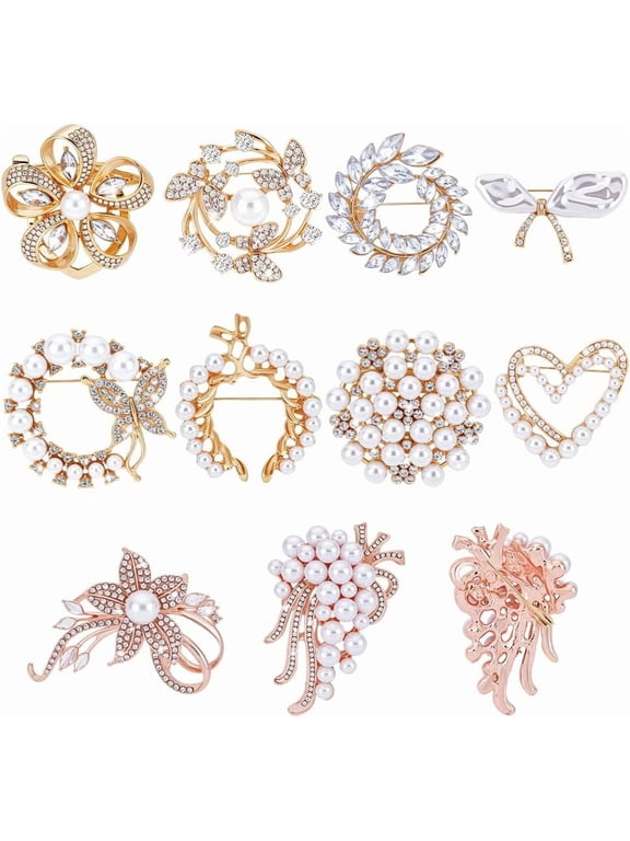 10Pcs 10 Styles Alloy Rhinestone Brooches with Plastic Pearl Beads Mixed Shapes Golden Rose Gold 31~57x33.5~46.7mm 1pc/style