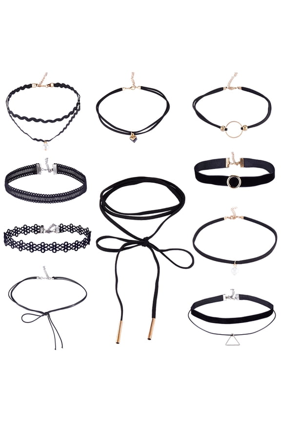 10Pcs 10 Styles Black Choker Necklace Set Velvet Chokers Classic Fashion Gothic Polyester Lace Adjustable Layered Necklaces Goth Jewelry Sets DIY