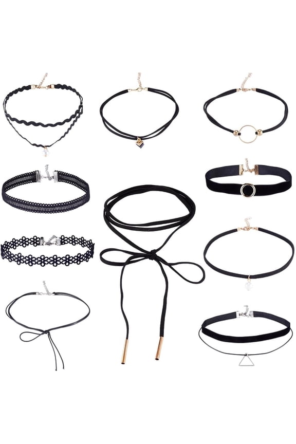 10Pcs 10 Styles Black Choker Necklace Set Velvet Chokers Classic Fashion Gothic Polyester Lace Adjustable Layered Necklaces Goth Jewelry Sets