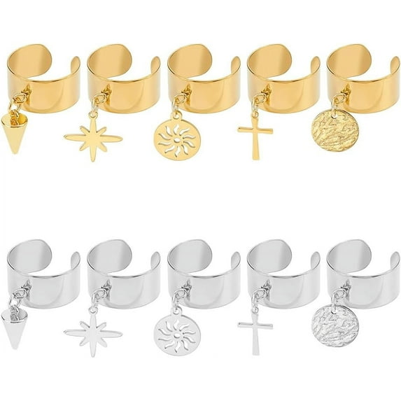 10Pcs 10 Styles Charm Ring Stainless Steel Women's Ring Adjustable Rings with Cone Charms Open Finger Rings