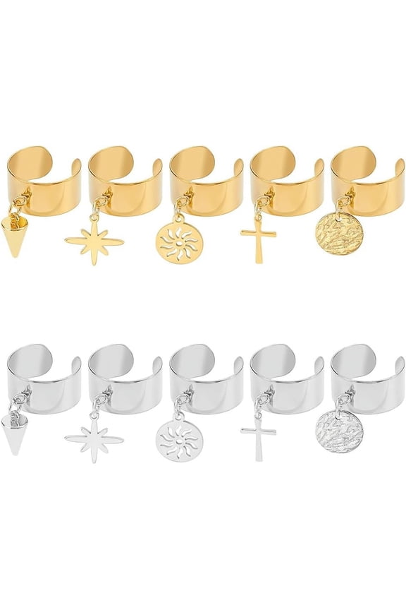 10Pcs 10 Styles Charm Ring Stainless Steel Women's Ring Adjustable Rings with Cone Charms Open Finger Rings