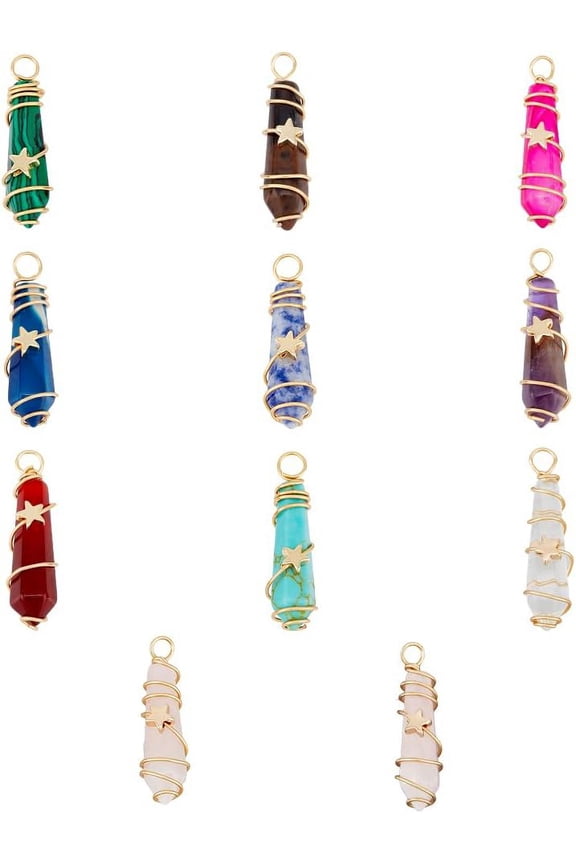 10Pcs 10 Styles Gemstone Pendants Column Pointed with Light Gold Copper Wire Wrapped Stone Pendants Mixed Color with Tiny Star Beads for Jewelry Making Hole 2.5~3mm for DIY