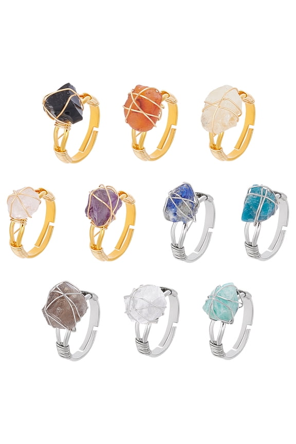 10Pcs 10 Styles Nuggets Natural Gemstone Finger Rings Copper Wire Wrapped Rings 25~28mm Inner Diameter: 17mm 1pc/style