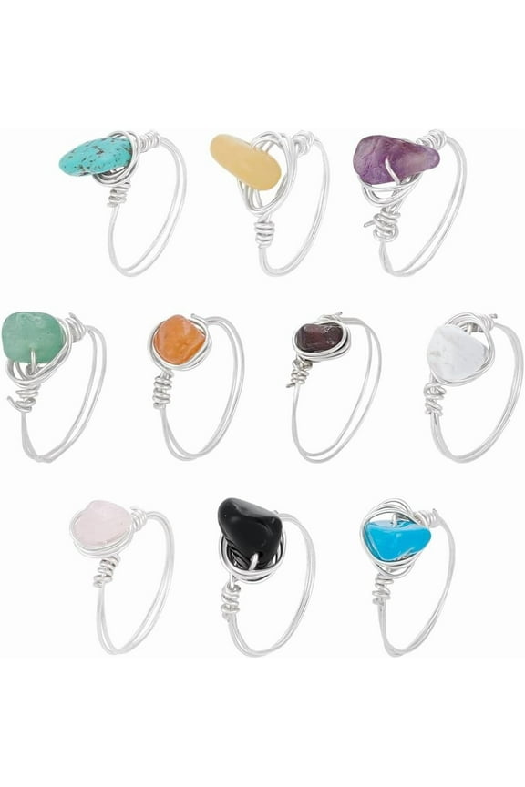 10Pcs 10 Styles Rings Gemstone Rings Copper Wire Wrapped Ring Irregular Colorful Gem Ring for Women
