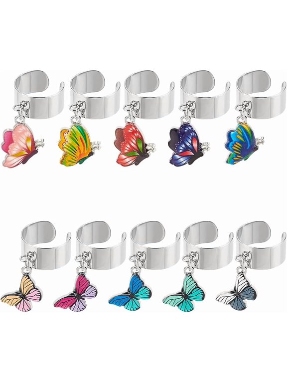 10Pcs 10 Styles Stainless Steel Open Cuff Finger Ring with Alloy Enamel Butterfly Pendants Mixed Color Inner Diameter: 17~18mm 1pc/style for Handmade