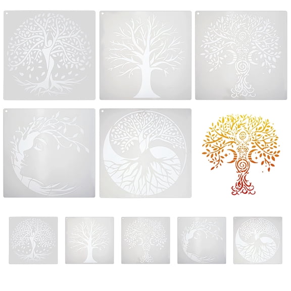 10Pcs 10 Styles Tree of Life Stencil Templates Square Large Tree Stencils for Wall Reusable Drawing Templates on Wood PET Plastic Painting Stencils