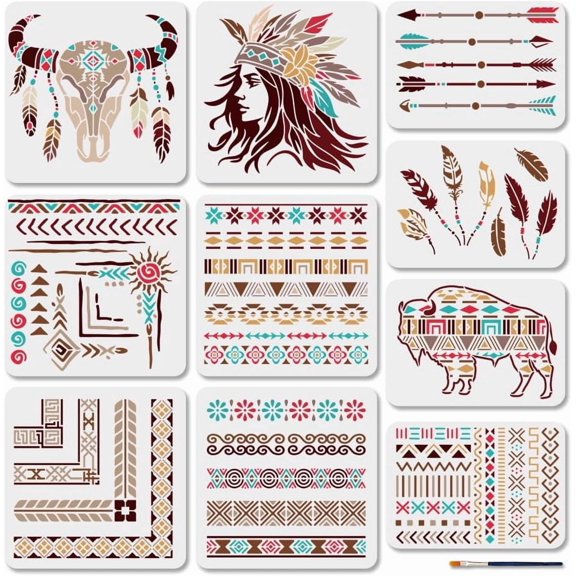 10Pcs 10 Styles Tribe Theme PET Hollow Out Drawing Painting Stencils for DIY Scrapbook Photo Album Mixed Shapes 297~300x210~300mm 1pc/style for DIY