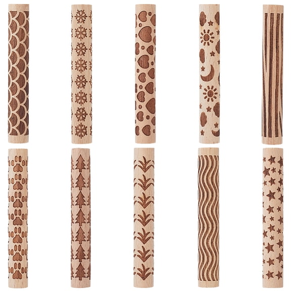10Pcs 10 Styles Wood Rolling Pin for Baking Embossed Cookies Kitchen Tool Mixed Shapes 100~101x15mm 1pc/style