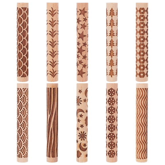 10Pcs 10 Styles Wooden Rolling Pin for Baking Embossed Cookies Kitchen Tool Mixed Shapes 102x14.5mm 1pc/style for diy