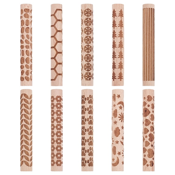 10Pcs 10 Styles Wooden Rolling Pin for Baking Embossed Cookies Kitchen Tool Mixed Shapes 102x14.5mm 1pc/style