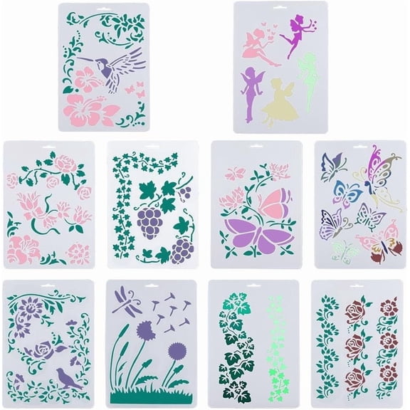 10Pcs 10Styles PP Plastic Hollow Out Drawing Painting Stencils Templates Flower & Bird & Fairy & Butterfly Mixed Patterns