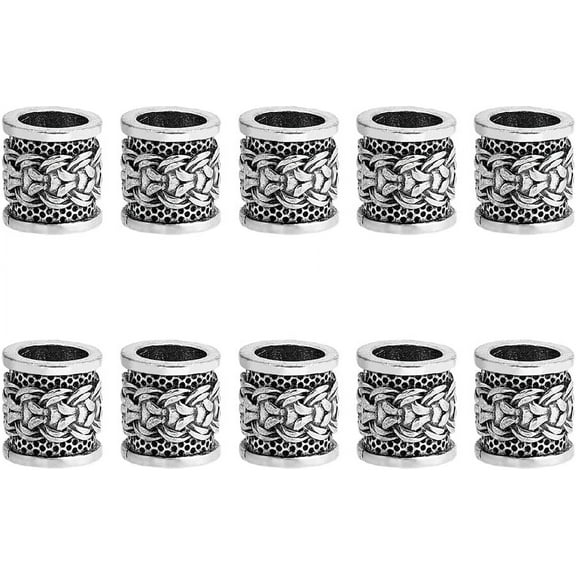 10Pcs 10x9.5mm Hair Beard Beads Tibetan Style Alloy Beads Norse Viking Dragons Rune Beads Column Dreadlocks Braiding Spacer Beads for Hair Beards Jewelry Making Hole: 6mm Silver