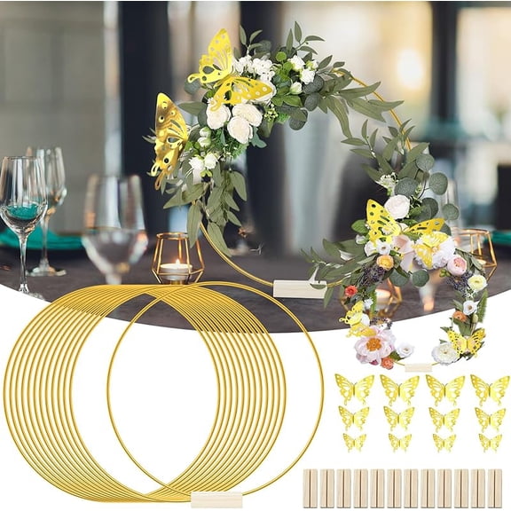 10Pcs 12 Inch Metal Floral Hoop with Stand for Table Centerpieces, Golden Wreath Macrame Ring with 3D Butterfly Decor, Centerpiece Table Decorations for Wedding, Party DIY, Dream Catcher, Crafts