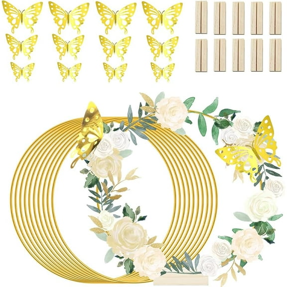 10Pcs 12 Inch Metal Floral Hoop with Stand for Table Centerpieces, Golden Wreath Macrame Ring with 3D Butterfly Decor, Centerpiece Table Decorations for Wedding, Party DIY, Dream Catcher, Crafts