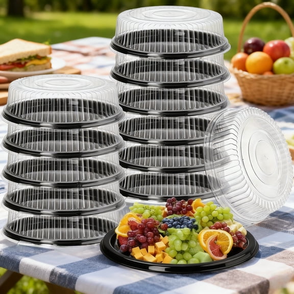 10Pcs 12" Round Disposable Plastic Serving Trays with Clear Dome Lids, Stackable Food Platters for Parties, Takeout, Catering & Picnics