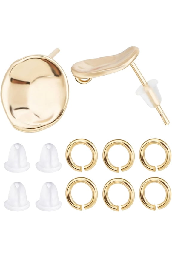 10Pcs 18K Gold Plated Flat Round Stud Earring Findings Earring Posts Brass Ear Stud Earrings with Vertical Loops Open Jump Rings Ear Nuts for DIY Earring Jewelry Making Golden 11.5x10mm