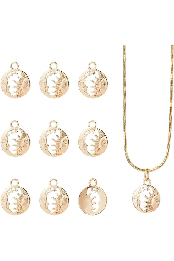10Pcs 18K Gold Plated Sun Charm Brass Celestial Pendants Moon Star Charms Flat Round Pendant