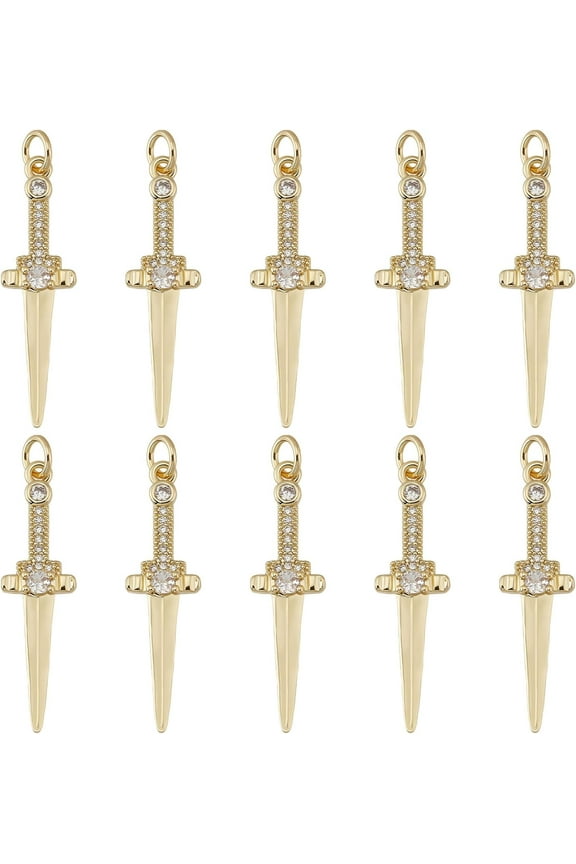 10Pcs 18K Gold Plated Sword Charms Cubic Zirconia Dagger Shape Charm Dangle Pendants Charms for DIY Bracelet Jewelry Finding Making