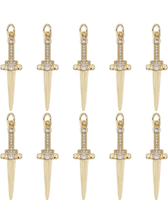 10Pcs 18K Gold Plated Sword Charms Cubic Zirconia Dagger Shape Charm Dangle Pendants Charms for DIY Bracelet Jewelry Finding Making