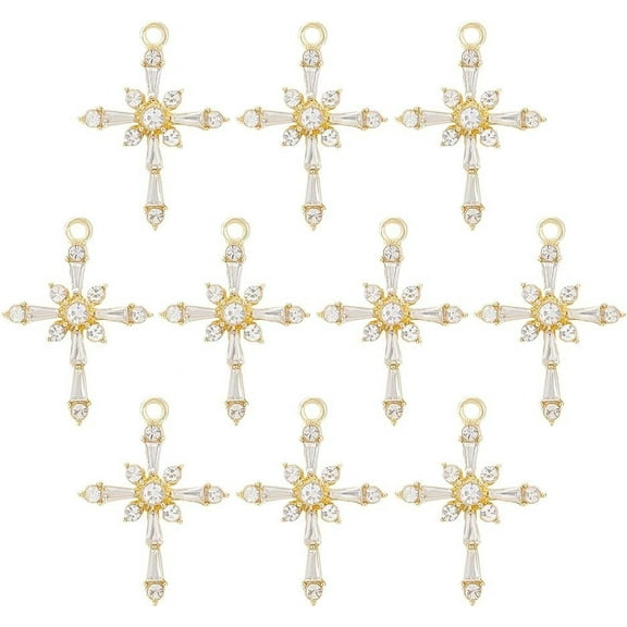 10Pcs 18K Real Gold Plated Rhinestone Cross Charms Zirconia Crystal Cross Pendant for Jewelry Making Bracelet Necklace Making DIY Accessories