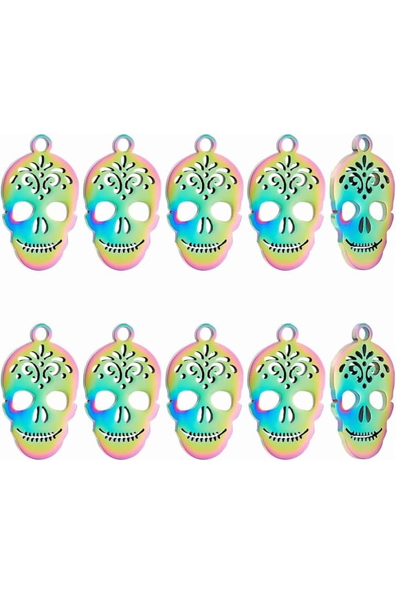 10Pcs 18mm Long Stainless Steel Skull Charms 1.6mm Hole Sugar Skull Pendants Rainbow Metal Flat Hollow Skull Pendants Mexico Holiday Day of the Dead Necklace Charms for Jewelry Making