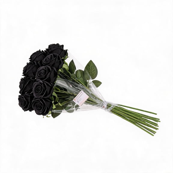 10Pcs 19.7In Artificial Black Rose Bouquet, Gothic Faux Silk Fake Roses, Halloween Desktop Vase Decor for Home Mantel Tiered Tray & Spooky Party