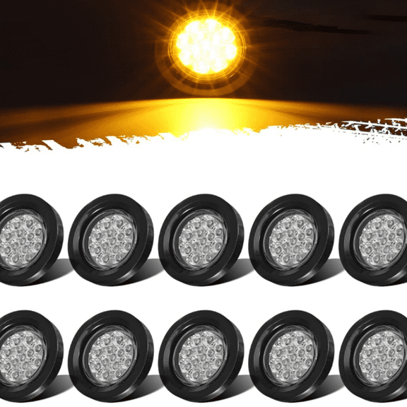 10Pcs 2.5" Round Amber 13 LED Side Marker Clearance Lights with Reflectors for Truck Trailer RV, Grommets and Pigtails Include, Clear Lens, Sealed Waterproof, Flush Mount, 12V