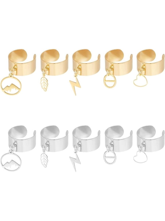 10Pcs 2 Colors 5 Styles Stainless Steel Charm Ring Women's Ring Gothic Rings Leaf Lightning Heart Pendant Ring Adjustable Ring Open Cuff Finger Ring Sets