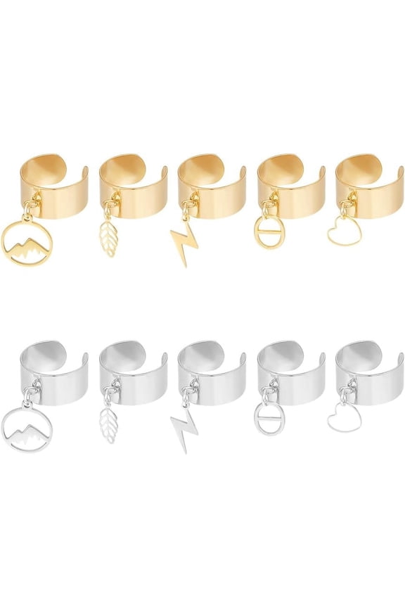 10Pcs 2 Colors 5 Styles Stainless Steel Charm Ring Women's Ring Gothic Rings Leaf Lightning Heart Pendant Ring Adjustable Ring Open Cuff Finger Ring Sets