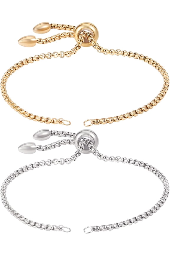 10Pcs 2 Colors Adjustable 304 Stainless Steel Slider Bracelets Making Bolo Bracelets Golden Stainless Steel Color Single Chain Length: 11cm