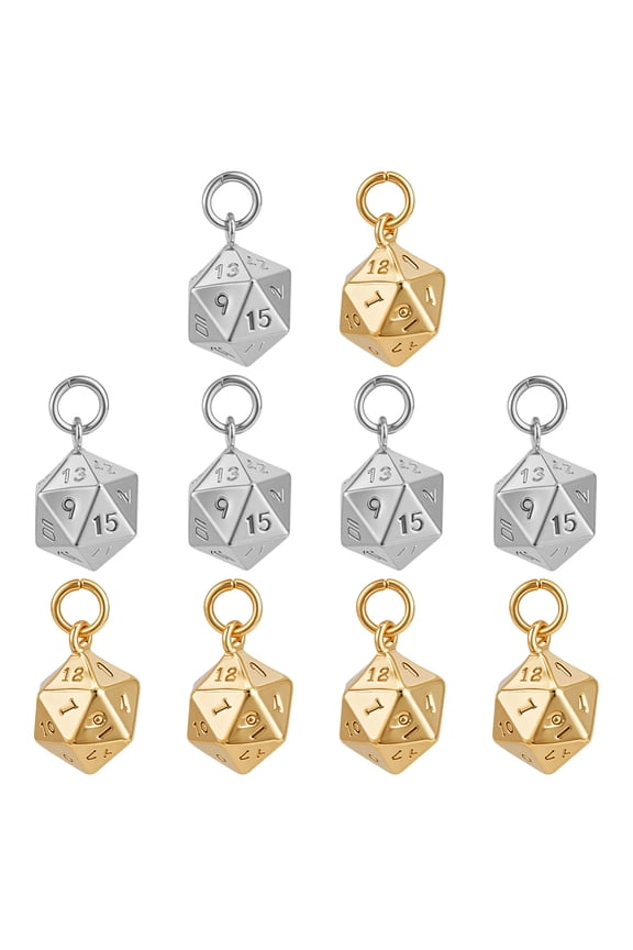 10Pcs 2 Colors Brass Charms with Jump Rings 20 Sided Dice Charm Mixed Color 13.5x9.5x9.5mm Hole: 3.2mm 5pcs/color DIY