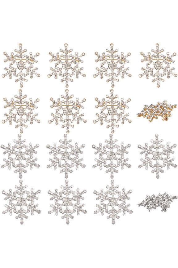 10Pcs 2 Colors Christmas Snowflake Brooch Pin Rhinestone Breastpin Flower Embellishment Button Lapel Badge Pin for Woman DIY Wedding Bridal Dress Bouquet Decor Gold Silver