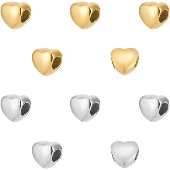 10Pcs 2 Colors Gold Heart Beads Stainless Steel Beads Heart Spacer Beads 5mm Hole Heart Charms Metal Loose Beads Bracelet Beads