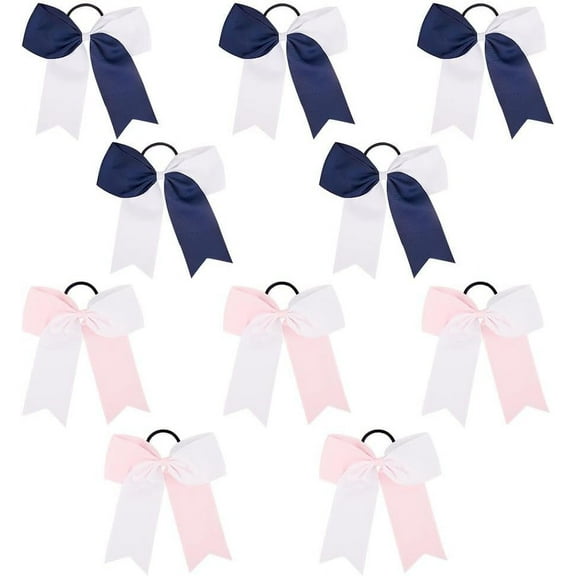 10Pcs 2 Colors Large Cheer Hair Bows Hair Ties Ponytail Holders Elastic Band Handmade Bowknot Hairbands Rop Grosgrain Ribbon Headbands Accessories for Cheerleading Sports Mixed Color