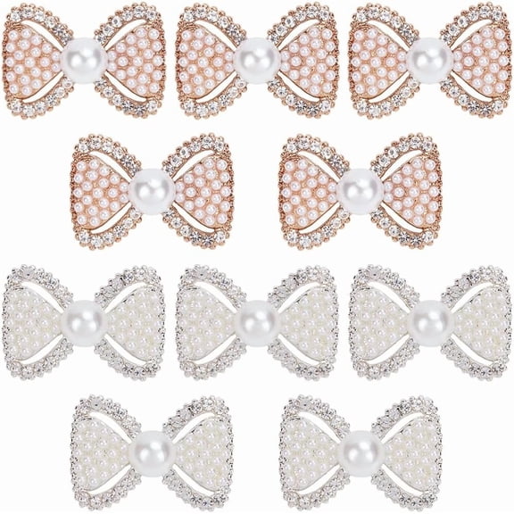 10Pcs 2 Colors Rhinestone Bow Shaped Buttons Pearl Button Embellishment Plastic Decorative Bow Knot Shank Buttons for Clothes Dress Coat Wedding Decoration Women Accessories Gold Silver