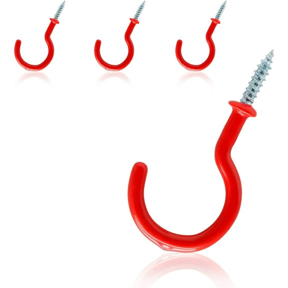 10Pcs 2-Inch Cup Hooks Ceiling Hooks, Plastic-Covered Metal Screw-in Hooks, Red