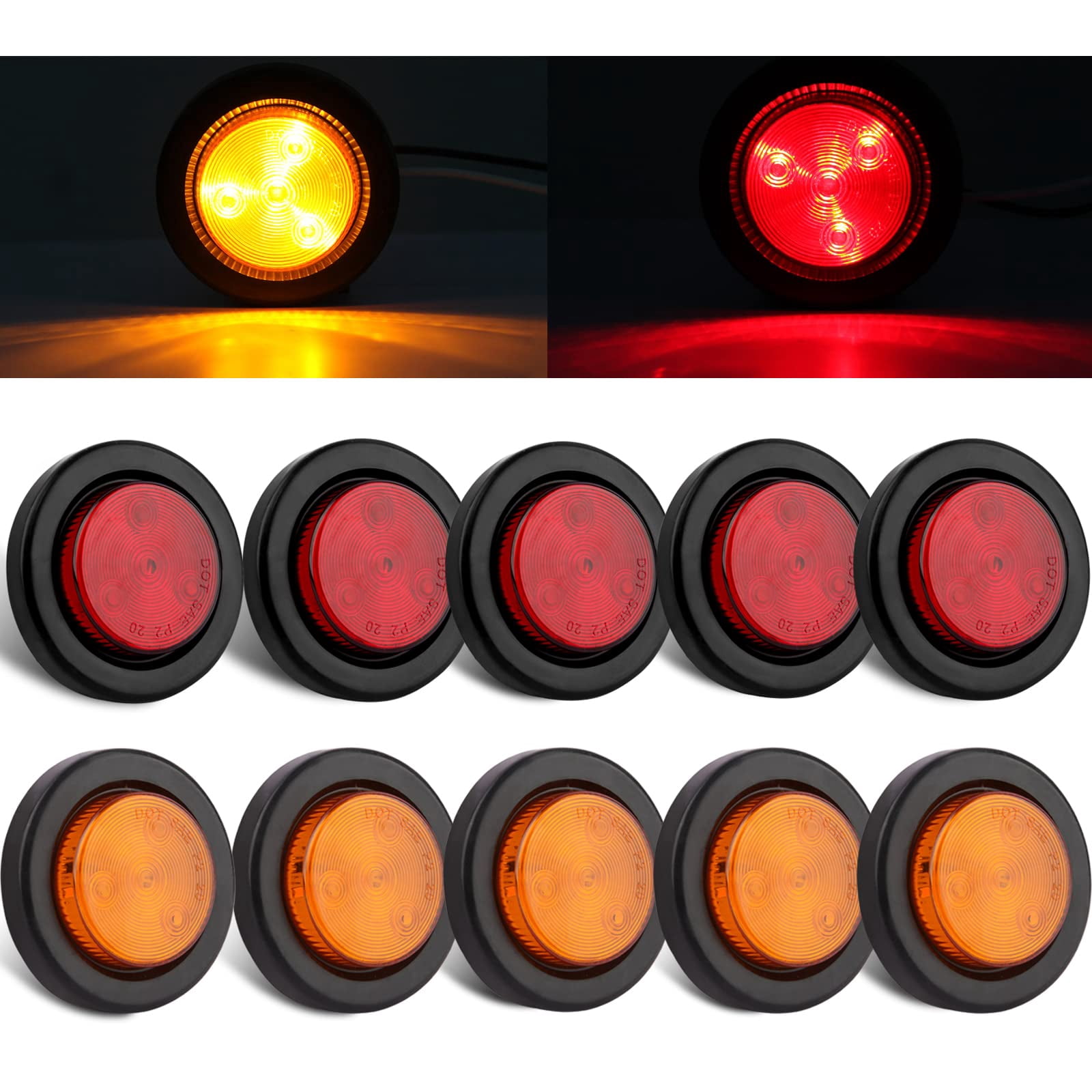 6 Amber 9-LED Trailer Lights – 2 Round Lights With 2-Plug Wiring & Grommet – Clearance/Marker Lights For Trailers, Vans, Trucks
