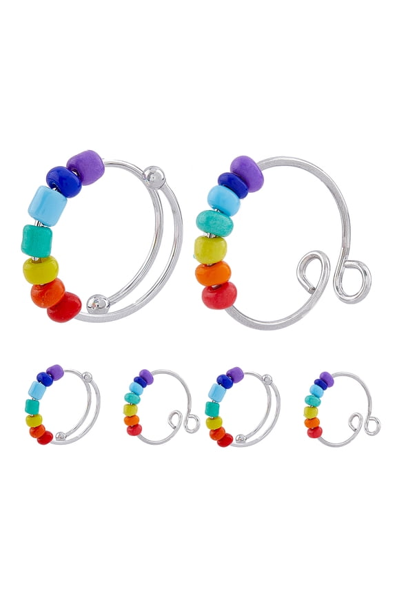 10Pcs 2 Style Rainbow Color Glass Beaded Rotating Open Cuff Rings Set 201 Stainless Steel Wire Wrap Rings for Anxiety Stress Relief