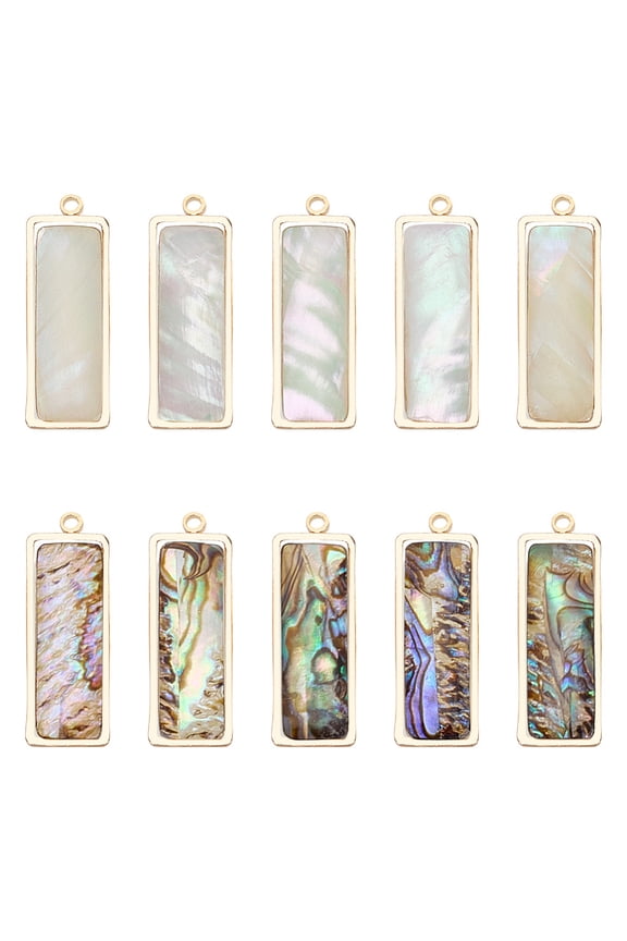 10Pcs 2 Styles Natural Paua Shell Pendants with Light Gold Plated Brass Findings Mixed Color 27x9x4mm Hole: 1.5-1.6mm 5pcs/style