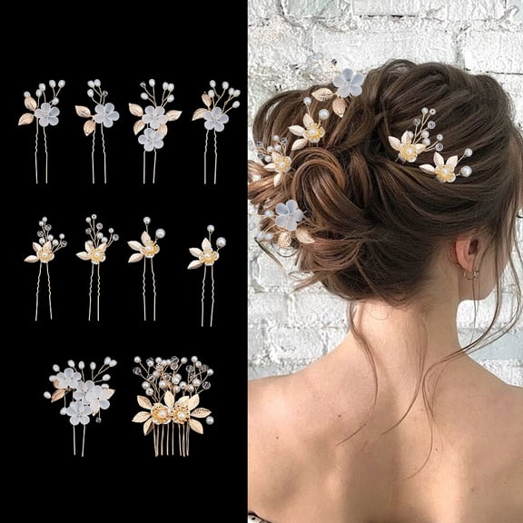 10Pcs 2 Styles Pearl Wedding Hair Pins Floral Brass Hair Combs with Plastic Imitation Pearl Light Gold Leaf Hair Piece Vintage Hair Accessories Set
