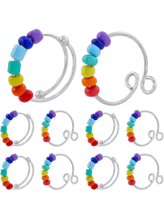 10Pcs 2 Styles Rainbow Rotating Open Cuff Rings Adjustable Personalized Wrap Ring Rotatable Bead Rings Fidget Ring for Anxiety Rainbow Spinner Beads Ring US Size 8 3/4 Colorful