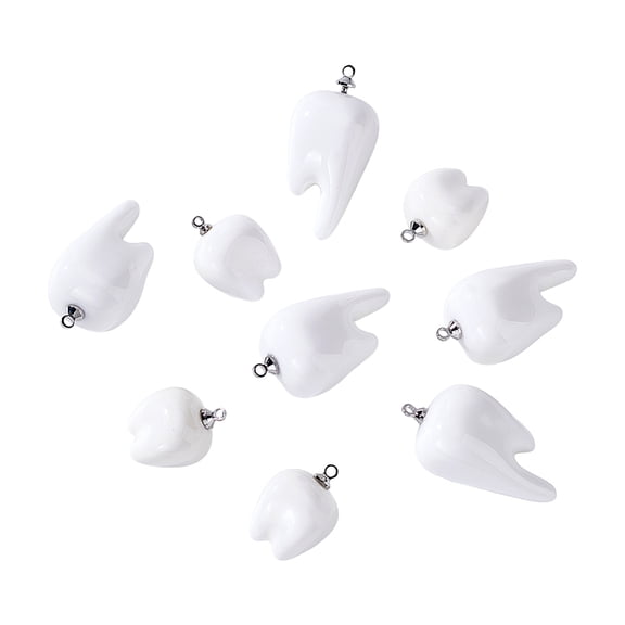10Pcs 2 Styles Resin Pendants with Platinum Tone Loop Teeth White 19.5~32x14~17x12.5~15.5mm Hole: 1.4~1.6mm 5pcs/style DIY